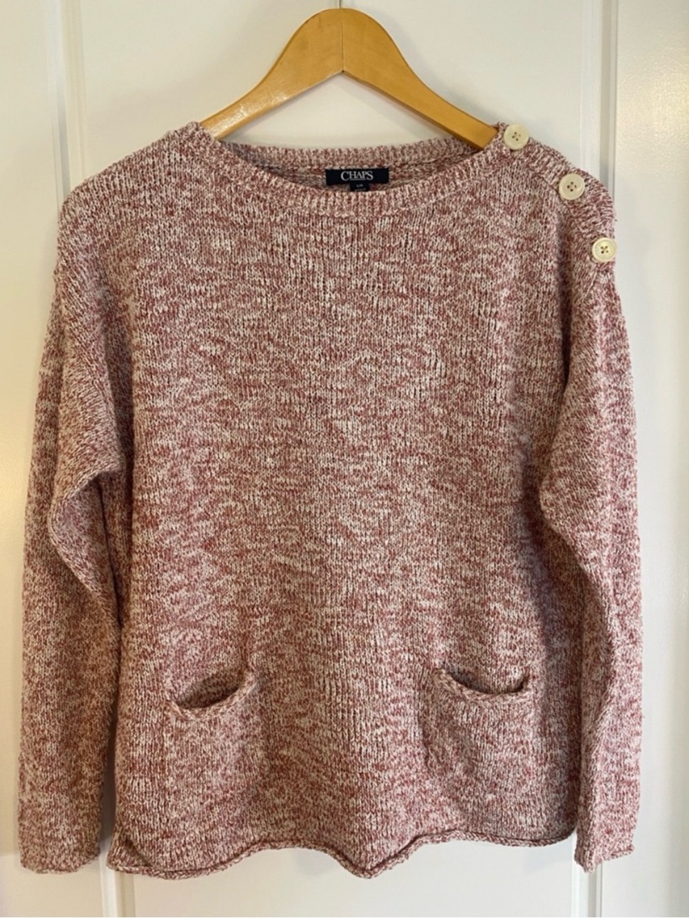 Chaps Marled Rose Crewneck Sweater with Shoulder Buttons
